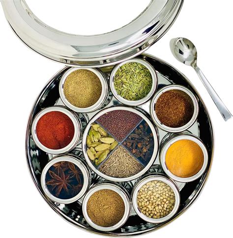 stainless steel masala dabba spice box|indian spice tray with spices.